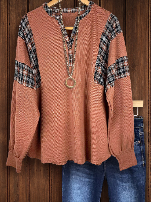 Women's track top | Waffle Plaid Patchwork Casual Pullover |Website-shopthehoney